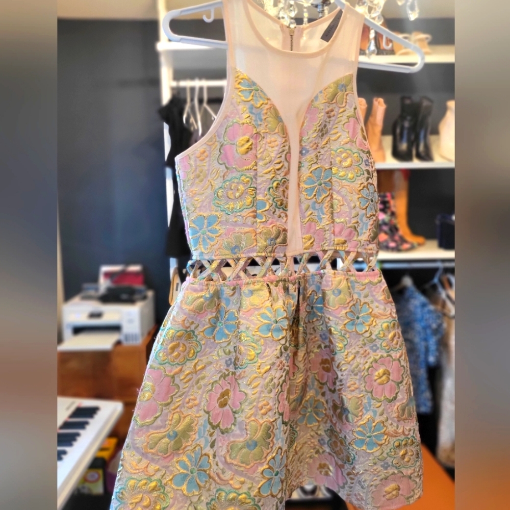 Cut-out halter top brocard party dress- pastel and gold - Alessandro Miele